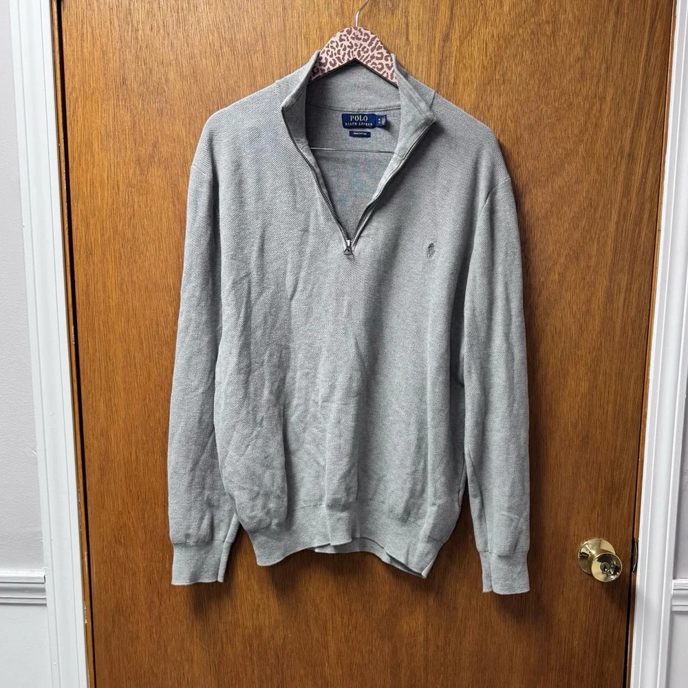 Polo Ralph Lauren Mens Mesh Knit Cotton Quarter 1/4 Zip Sweater Gray Grey XL